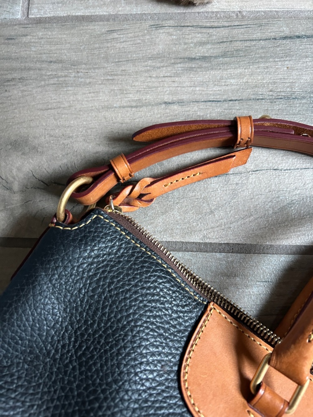 Dooney & Bourke Black Pebbled Leather Satchel with Tan Trim and Brown Strap - Picture 5 of 11